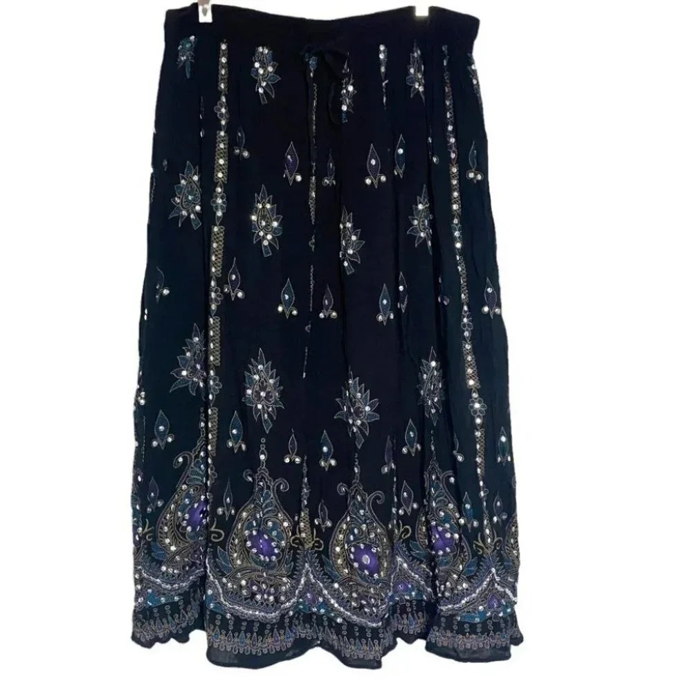 Dressbarn Black Boho Paisley Embroidered Sequin Midi Skirt Large Mens
